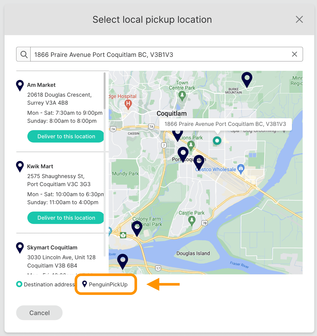 Pick up location UI